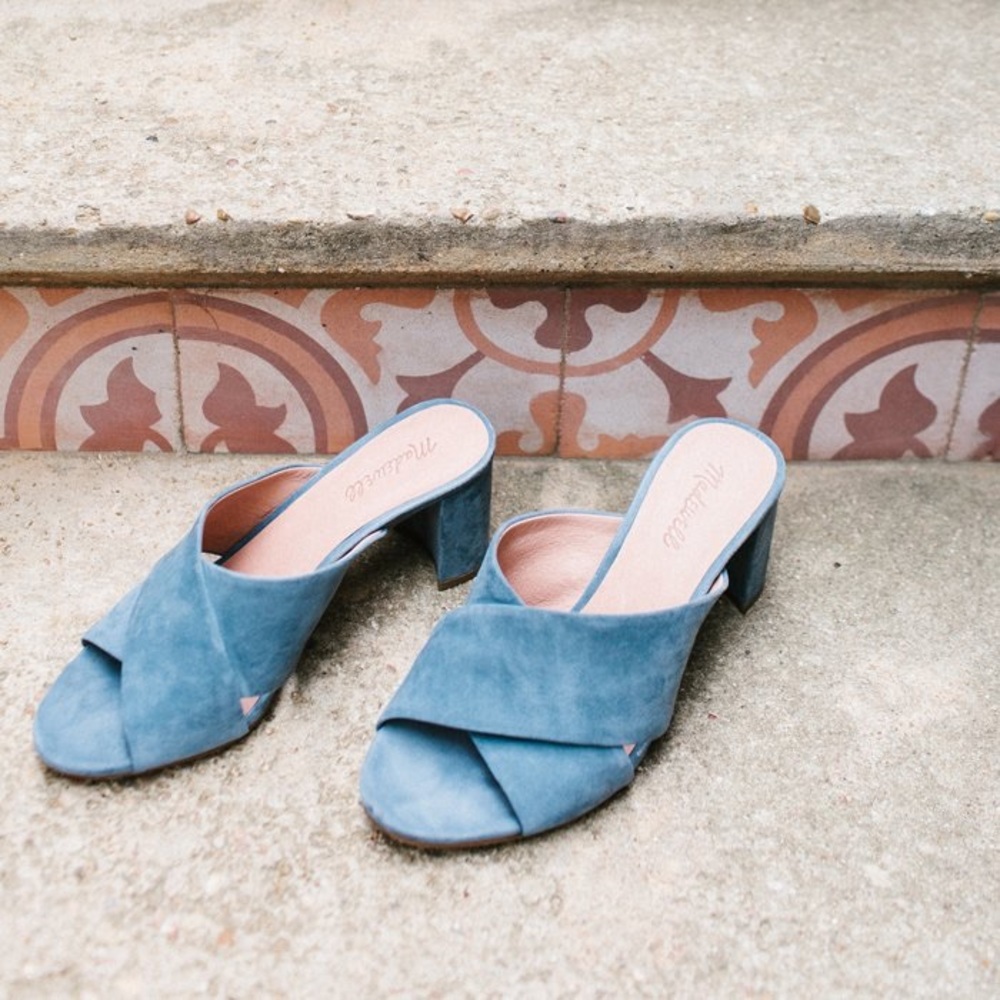 madewell “greer” blue suede mules